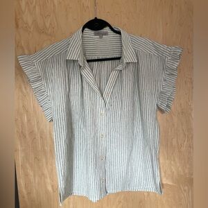 Green Striped Ruffle Sleeve Cotton/Linen Shirt